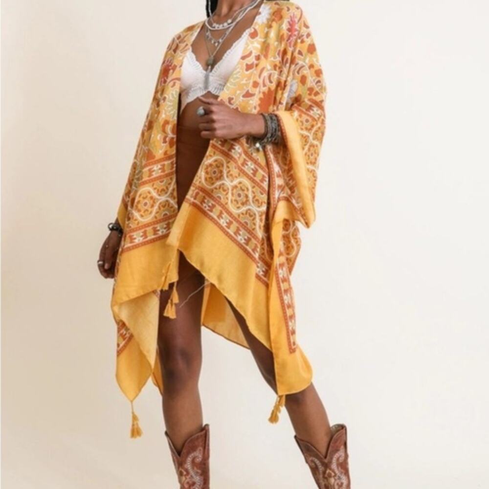 Moroccan Tapestry Kimono - Mustard Yellow Boho Tassel Wrap